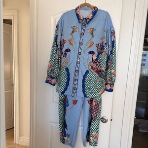 Light Blue Printed Two-Piece Lounge Set with Bird Motif